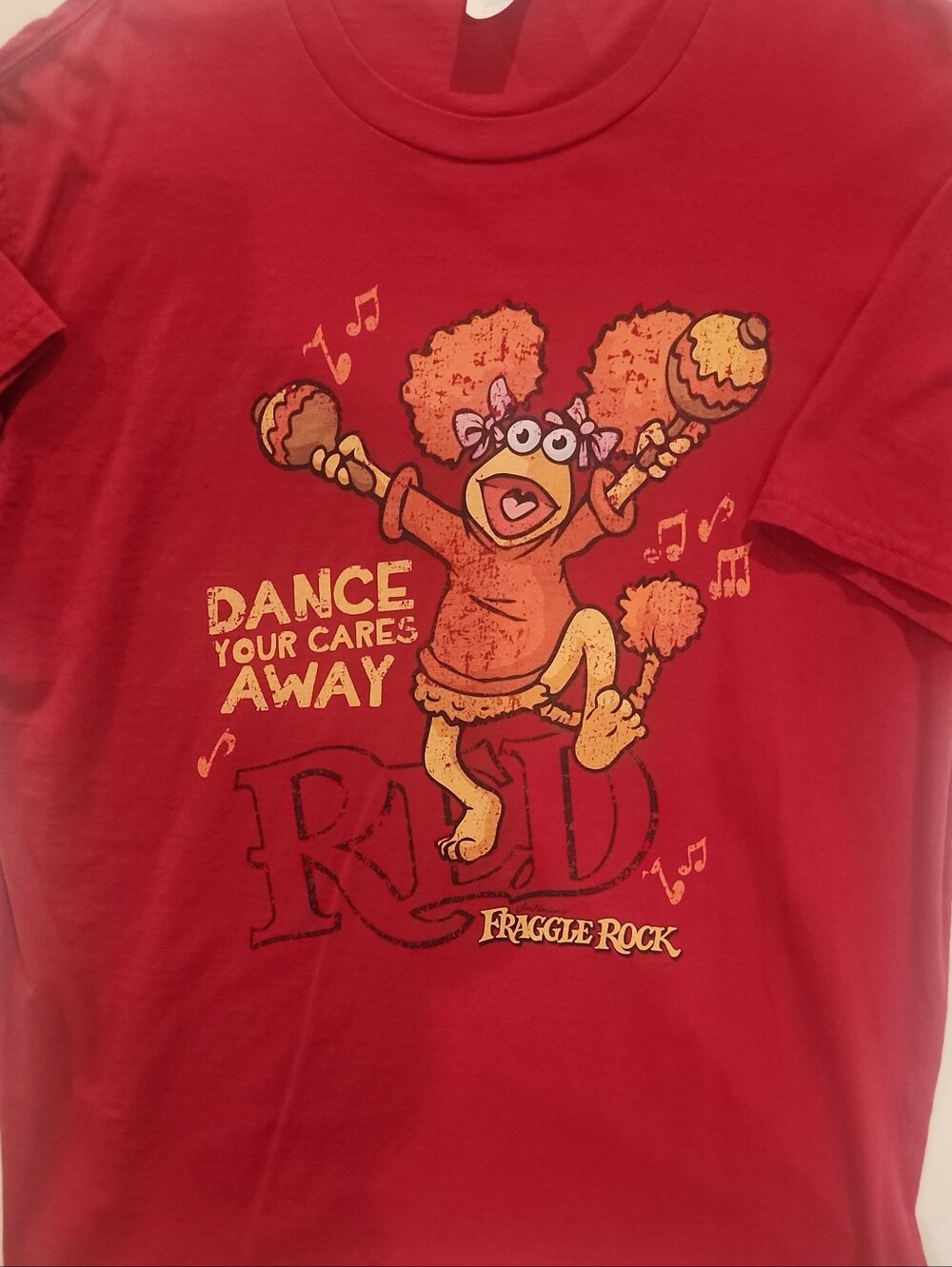 Retro Red Short Sleeve Graphic Tee - "Dance Your Cares Away" With Fraggle Rock